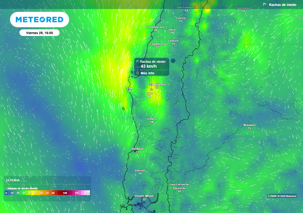 Rachas de viento de 30 km/h para el fin de semana en el centro-sur de Chile Rachas de viento (km/h) para la tarde del viernes (29) en Chile centro-sur.