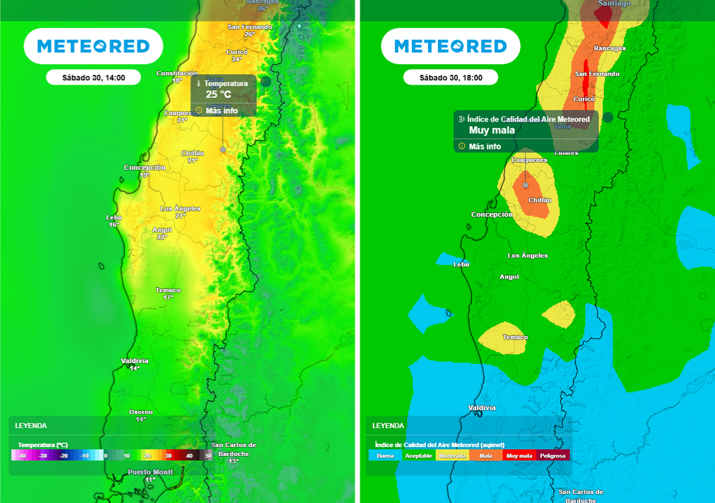 Altas temperaturas y mala calidad del aire para el fin de semana en Chile centro-sur Temperatura máxima (°C) -imagen izquierda- e Índice de Calidad del Aire (ICA) -imagen derecha- para el sábado (30) en el centro-sur de Chile.