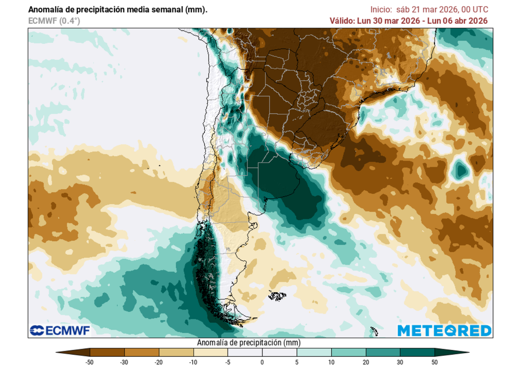 Pronóstico de Meteored para la primera quincena de abril en Chile Anomalía semanal de precipitación (mm) del 30 de marzo al 06 de abril 2026. Sobre los valores climatológicos normales (tonos verde), bajo los valores climatológicos normales (tonos marrón) y en torno a los valores climatológicos normales (color blanco).