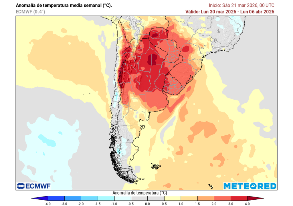 Pronóstico de Meteored para la primera quincena de abril en Chile Anomalía semanal de temperatura del aire (°C) del 30 de marzo al 06 de abril 2026. Sobre los valores climatológicos normales (tonos rojo), bajo los valores climatológicos normales (tonos azul) y en torno a los valores climatológicos normales (color gris).
