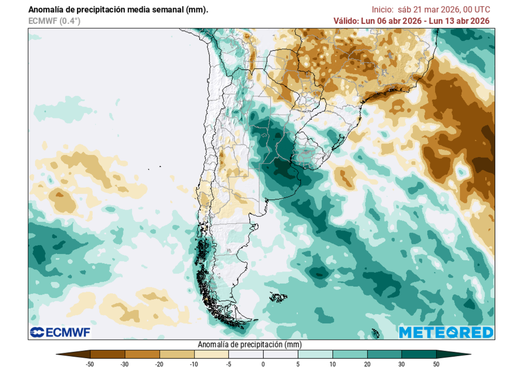 Pronóstico de Meteored para la primera quincena de abril en Chile Anomalía semanal de precipitación (mm) del 06 al 13 de abril 2026. Sobre los valores climatológicos normales (tonos verde), bajo los valores climatológicos normales (tonos marrón) y en torno a los valores climatológicos normales (color blanco).