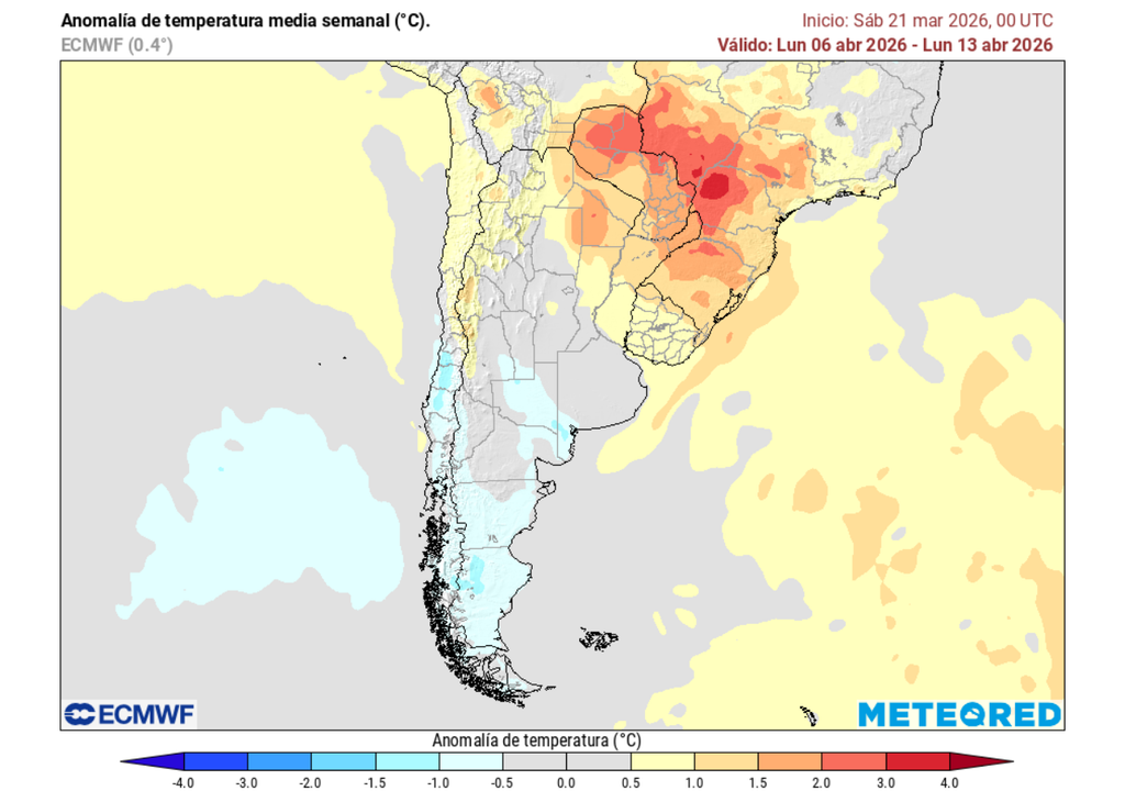 Pronóstico de Meteored para la primera quincena de abril en Chile Anomalía semanal de temperatura del aire (°C) del 06 al 13 de abril 2026. Sobre los valores climatológicos normales (tonos rojo), bajo los valores climatológicos normales (tonos azul) y en torno a los valores climatológicos normales (color gris).