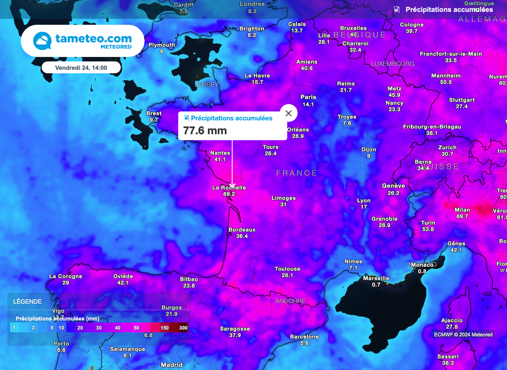 Plus d'un mois de pluie pourra tomber ces prochains jours. Certaines modélisations plus fines sont scrutées de près : les quantités de pluies risquent même d'être localement remarquables.