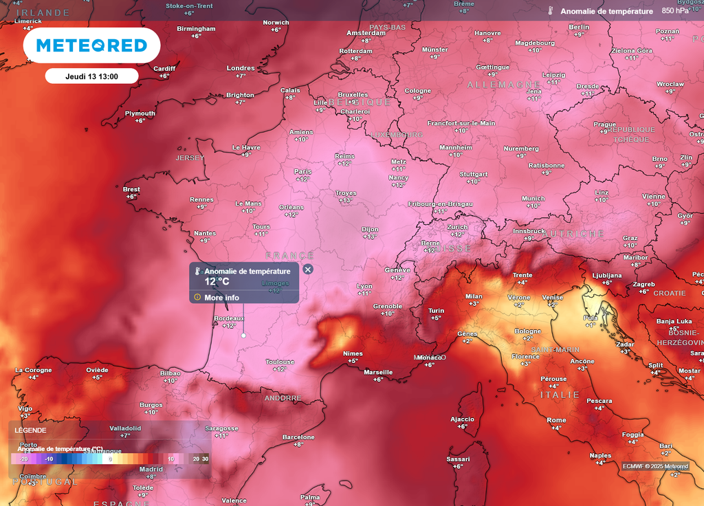 Anomalie de température 850 hPa jeudi