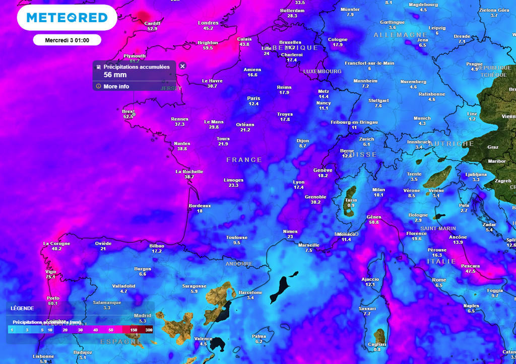 Au cours des prochains jours, les perturbations s'enchaîneront avec des cumuls parfois importants dans l'ouest et le nord-ouest. Au cours des prochains jours, les perturbations s'enchaîneront avec des cumuls parfois importants dans l'ouest et le nord-ouest.