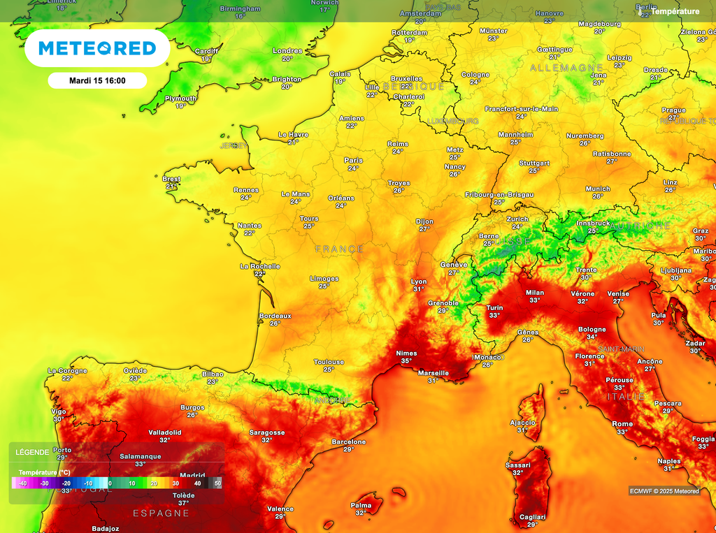 Températures restant agréables sur la France. Chaudes à très chaudes en vallée du Rhône et sur l'arc méditerranéen. Températures restant agréables sur la France. Chaudes à très chaudes en vallée du Rhône et sur l'arc méditerranéen.