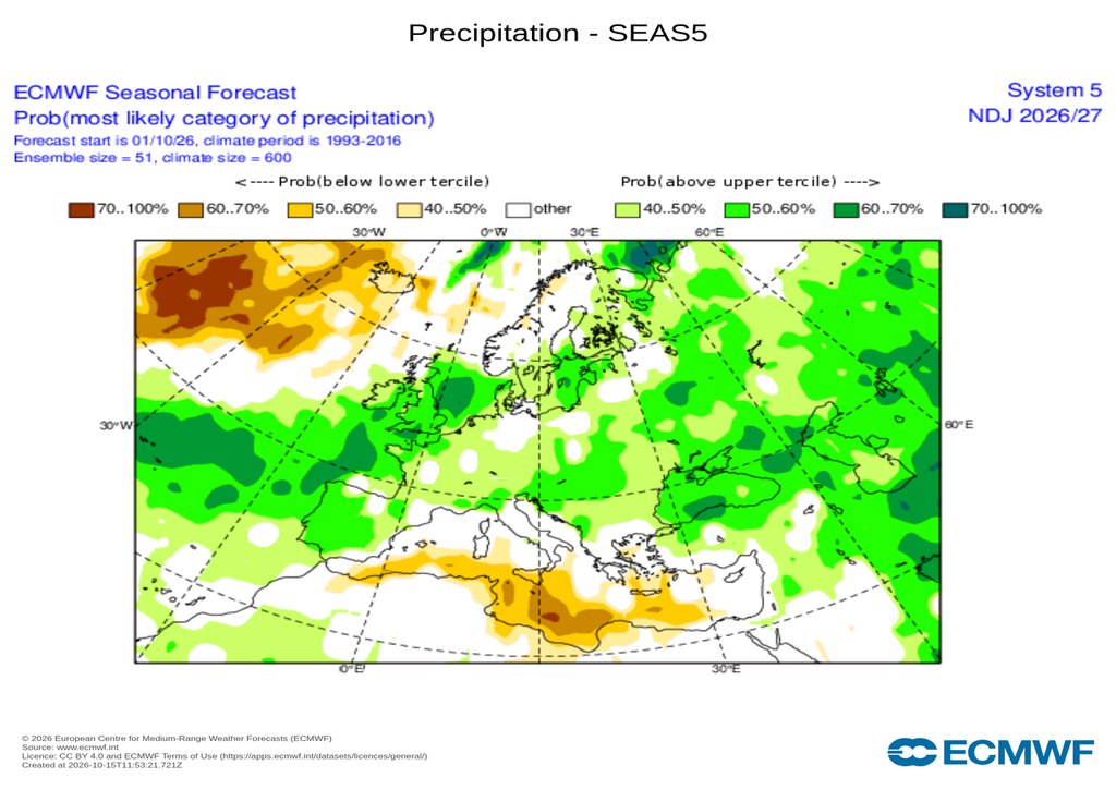 Prévisions saisonnières précipitations novembre CEP Le modèle européen ECMWF prévoit un mois de novembre plus pluvieux que la normale, notamment sur le Nord-Ouest de la France.