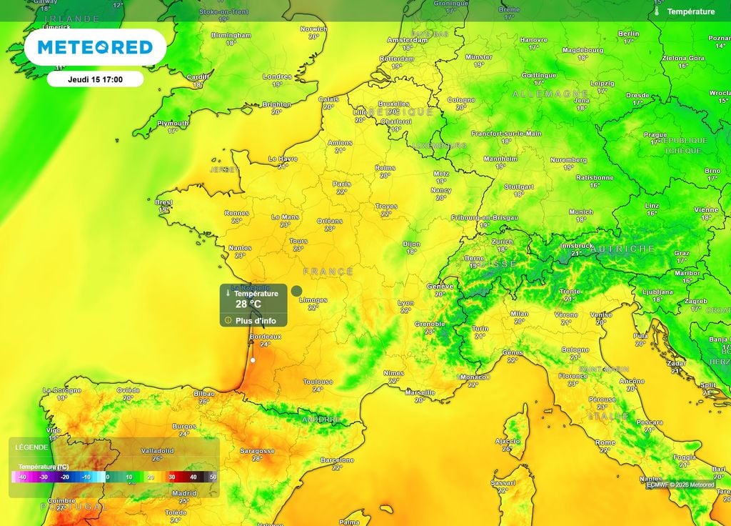 Températures jeudi après-midi France La carte des températures prévues par le modèle européen pour jeudi après-midi nous montre des valeurs qui ne seraient pas étonnantes pour un début de mois de juin…