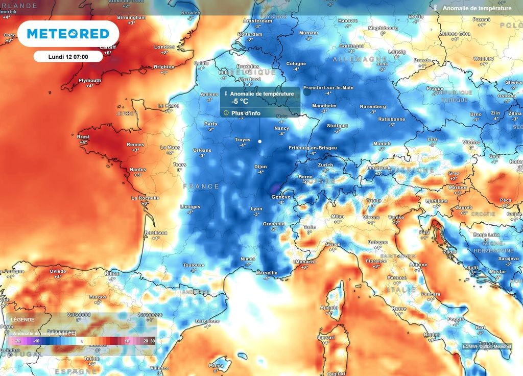 Anomalie de températures lundi matin France Alors que l'arrivée de la douceur sera déjà sensible par le Nord-Ouest lundi matin, les autres régions connaîtront encore une bonne fraîcheur, jusqu'à 5°C sous les normales de saison.