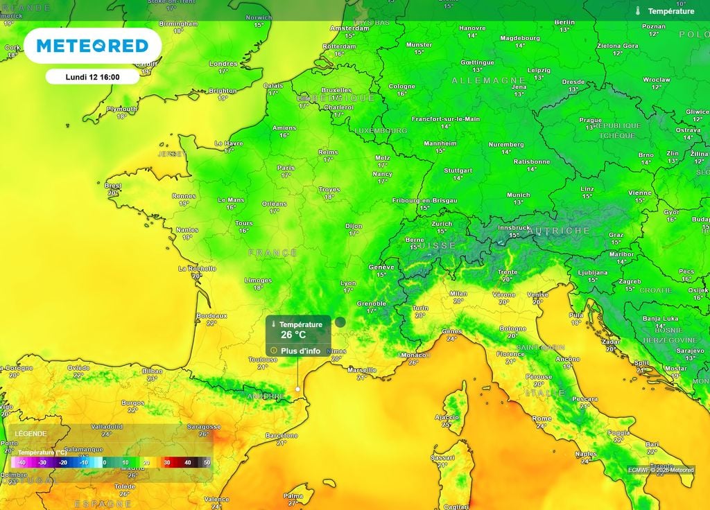 Températures lundi après-midi France Ce lundi 12 octobre après-midi, c'est du côté du Roussillon qu'il devrait faire le plus chaud, avec 26°C à l'ombre à Perpignan.