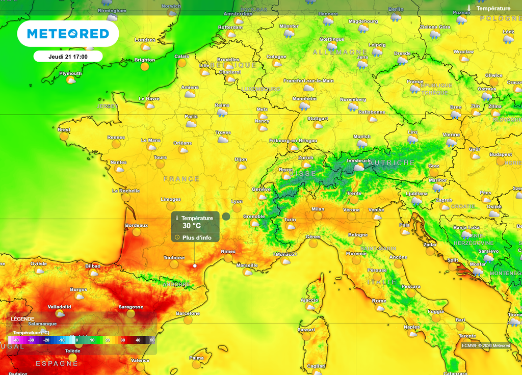 Températures jeudi après-midi Jeudi après-midi, la barre des 30°C risque déjà d'être atteinte dans certaines localités du Sud de la Garonne et du Languedoc-Roussillon.