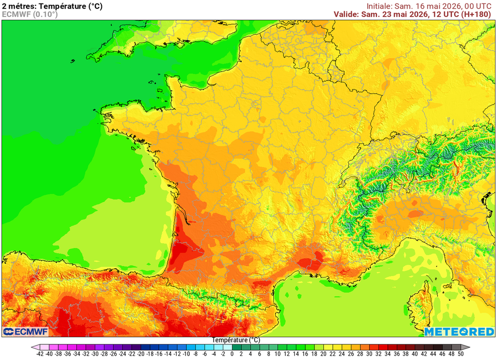 Températures modélisées CEP samedi après-midi Samedi midi, les 30°C pourraient déjà être dépassés en Nouvelle-Aquitaine, promettant une après-midi torride, alors que la chaleur remontera encore plus au Nord.