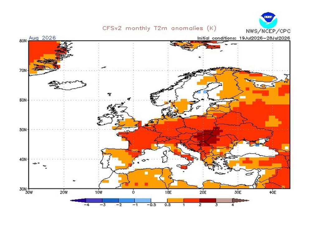 Aout CFS Le modèle CFS entrevoit des anomalies de températures notables sur le mois d'août 2026 en France