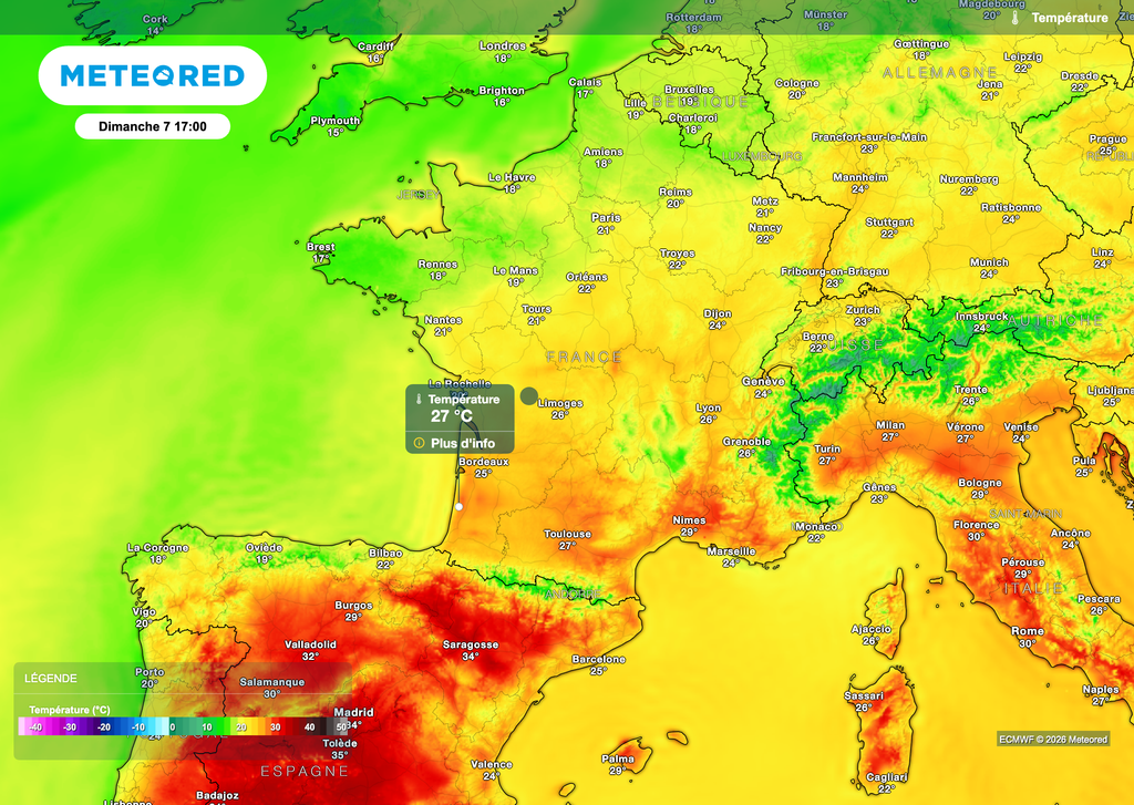Chaleur qui gagnera la moitié sud en cours de week-end.