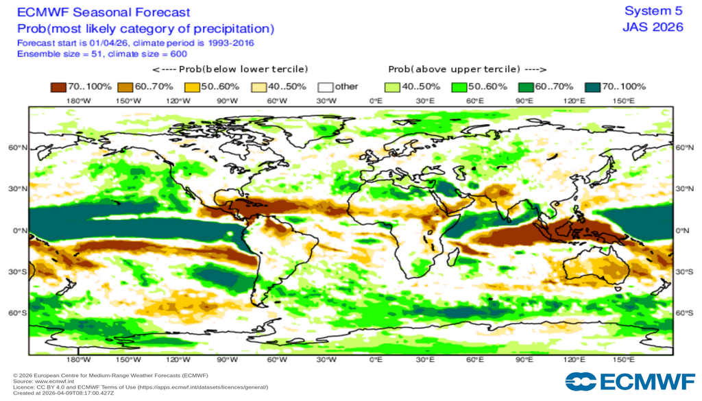 Anomalies de précipitations sur la période juillet - septembre 2026 dans le monde - ECMWF