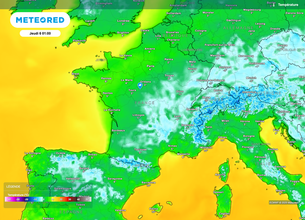 Froid plus discret d'ici la journée de mardi voire mercredi en raison d'une influence océanique sur l'ouest et nord-ouest.