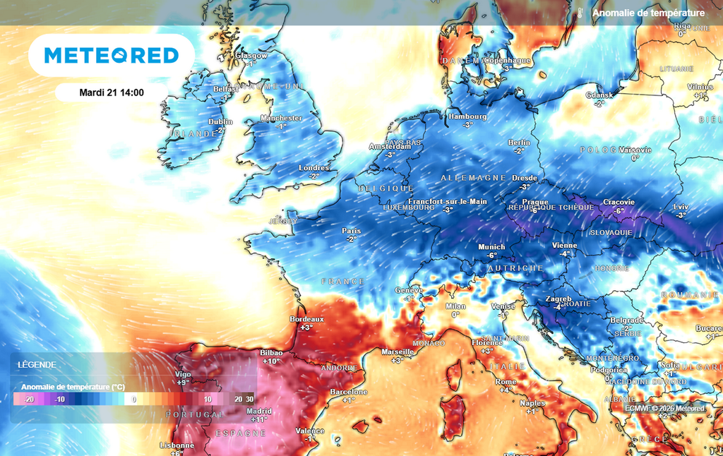 Une masse d'air froide se propagera jusqu'à la France par l'Europe centrale en début de semaine prochaine, apportant des températures bien plus fraîches, repassant nettement sous les normales