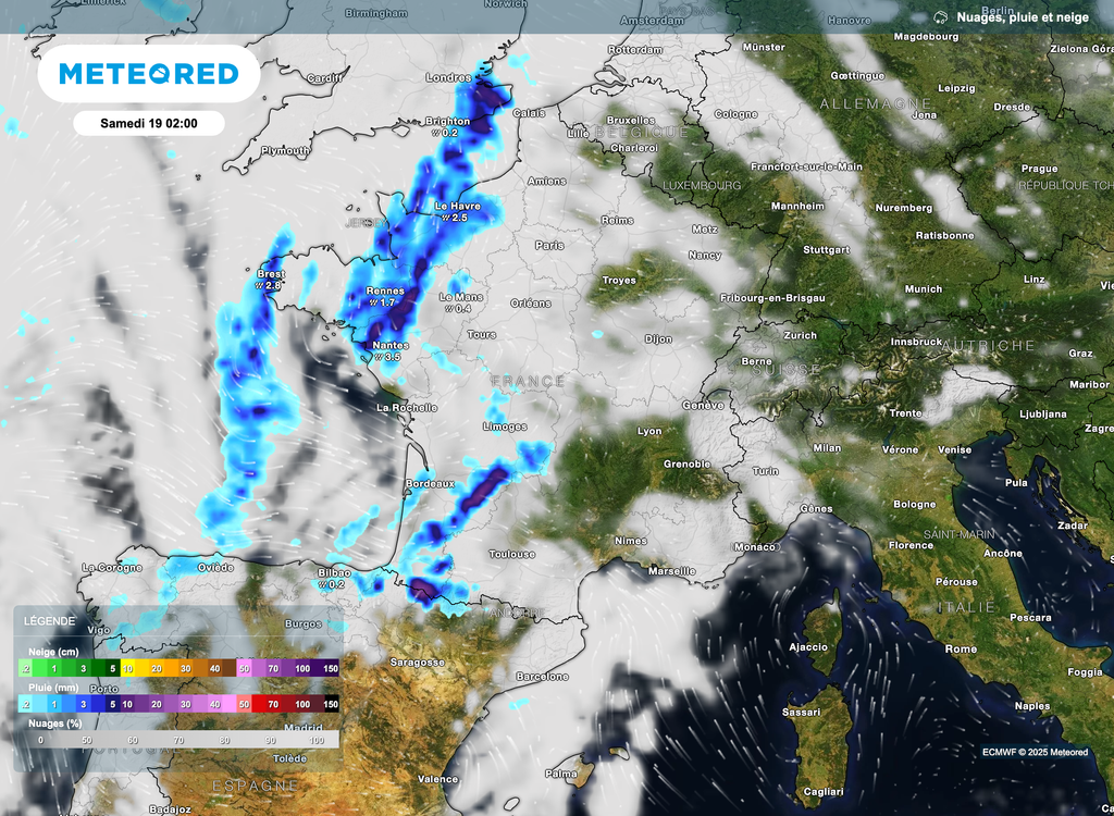 Début d'une météo plus pluvieuse voire orageuse par l'ouest de l'hexagone. Début d'une météo plus pluvieuse voire orageuse par l'ouest de l'hexagone.