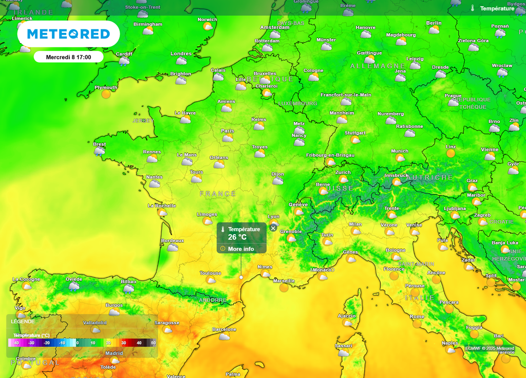 Nébulosité et températures mercredi après-midi