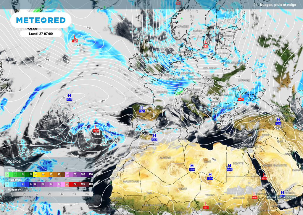 Plutôt dépressionnaire au nord-est, tendance un peu plus anticyclonique sur la façade atlantique.