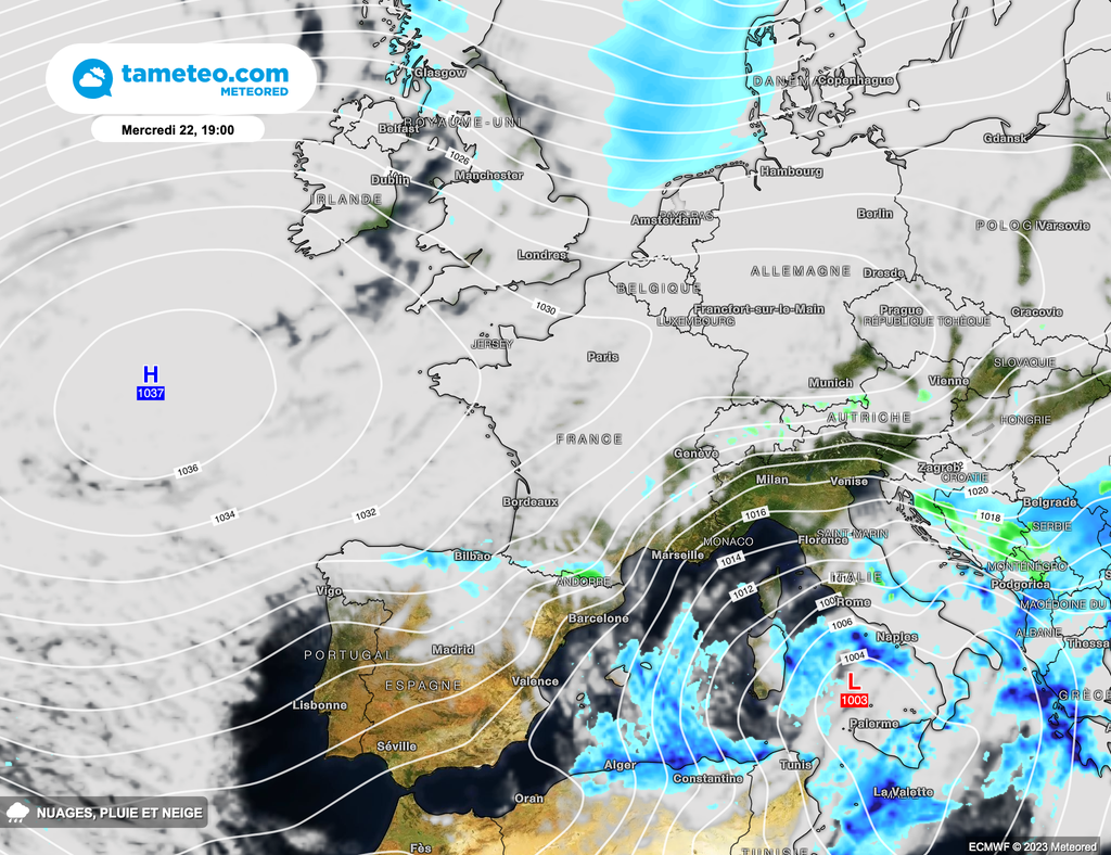 Un puissant anticyclone se rapprochera du vieux continent, protégeant une large moitié Nord de la France des intempéries. Un puissant anticyclone se rapprochera du vieux continent, protégeant une large moitié Nord de la France des intempéries.