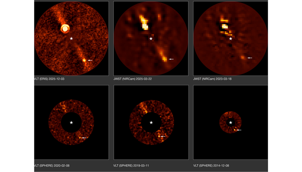 Die Bilderserie zeigt Beobachtungen des Exoplaneten Beta Pictoris d (Pfeil) über einen Zeitraum von mehr als einem Jahrzehnt, mit jeweils unterschiedlichen Instrumenten und Teleskopen. Die Bilderserie zeigt Beobachtungen des Exoplaneten Beta Pictoris d (Pfeil) über einen Zeitraum von mehr als einem Jahrzehnt, mit jeweils unterschiedlichen Instrumenten und Teleskopen. Bild: ESO/B. Sutlieff, M. Bonse et al.