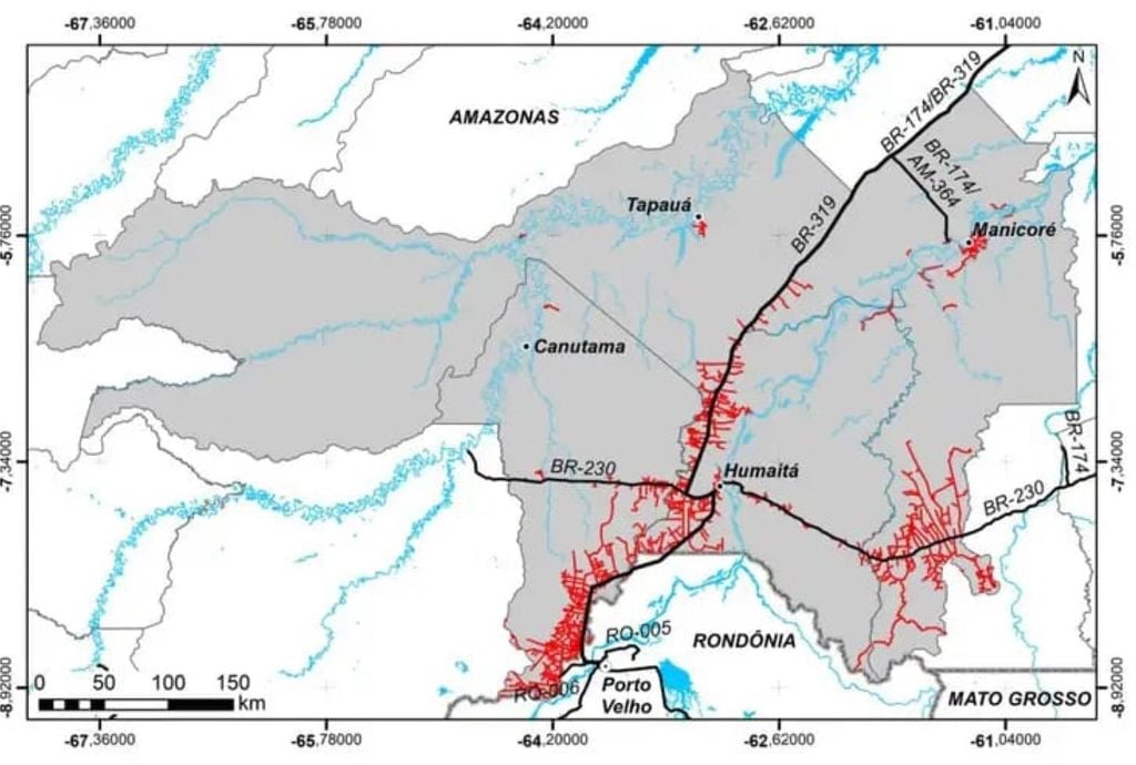 Mapa mostra ramais na floresta que acompanham a BR-319 nos municípios de Canutama, Humaitá, Manicoré e Tapauá, no sul do Amazonas - Arte/Nota técnica OBR-319
