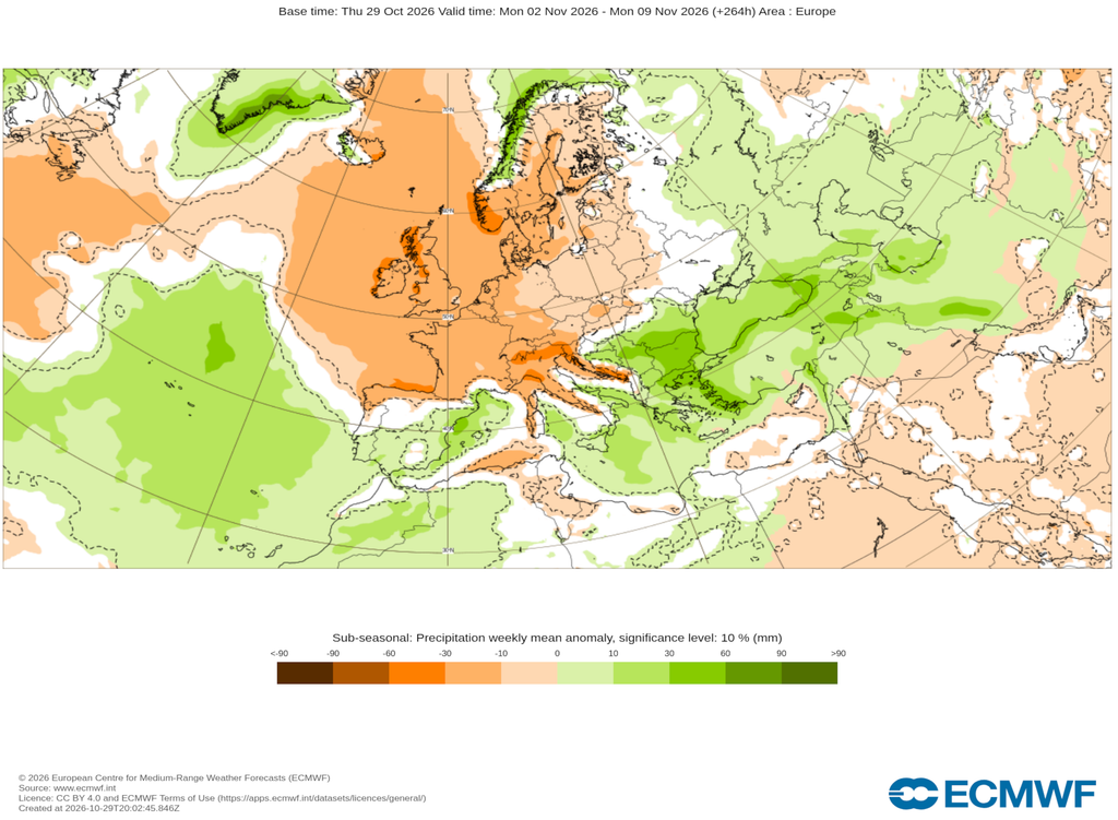 La previsión semanal de precipitaciones del ECMWF muestra anomalías positivas en la vertiente mediterránea, asociadas a la vaguada retrógrada y posterior DANA que nos afectarán.