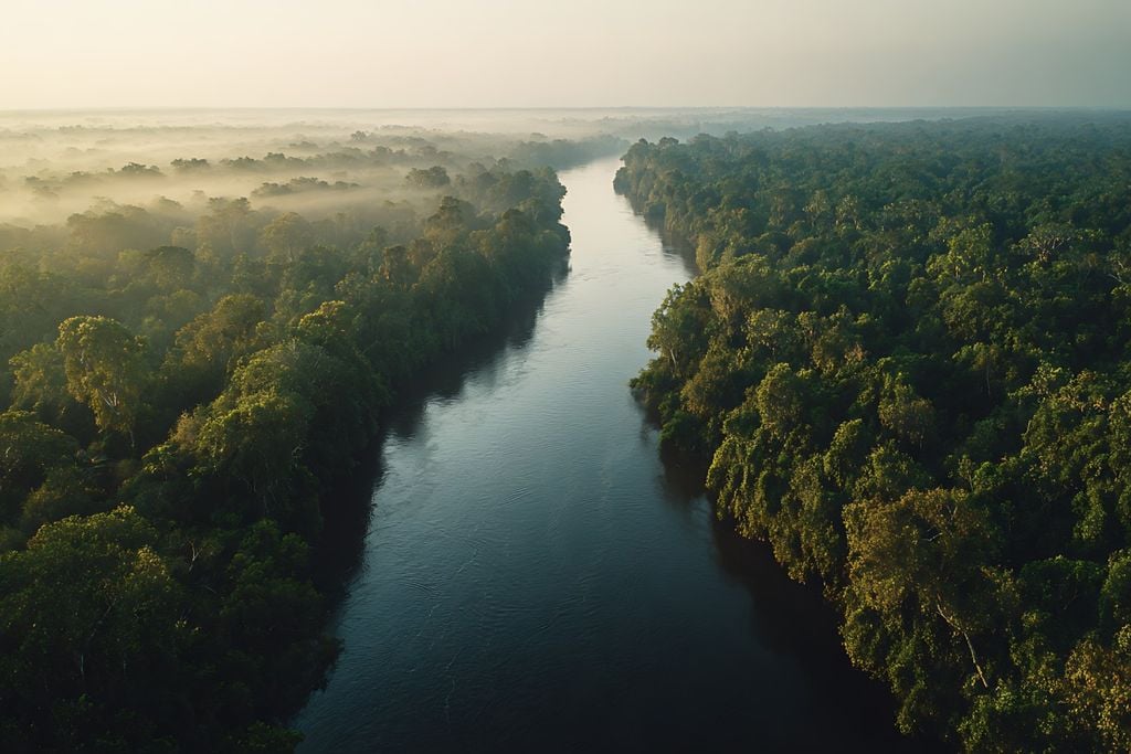 Neblina sobre a floresta, gotas de água podem carregar vida microscópica e partículas do ar.