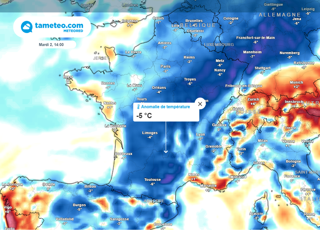 Anomalie de température CEP mardi 2 juillet 14h