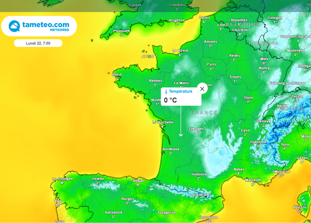 Températures lundi matin GFS