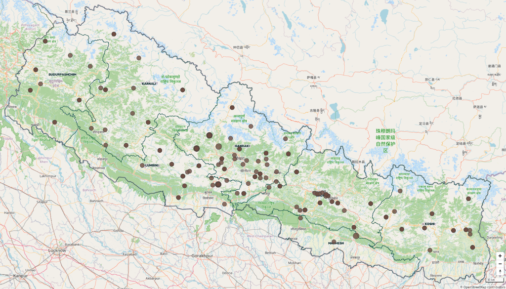 puntos con deslizamiento de terreno en Nepal Los deslizamientos de terreno han estado ocurriendo en diversas parte de Nepal. Las precipitaciones asociadas al final de la temporada del monzón han saturado los suelos y elevado los caudales de numerosos ríos, condiciones que favorecen la inestabilidad de las laderas y la ocurrencia de deslizamientos. Fuente: Plataforma BIPAD.