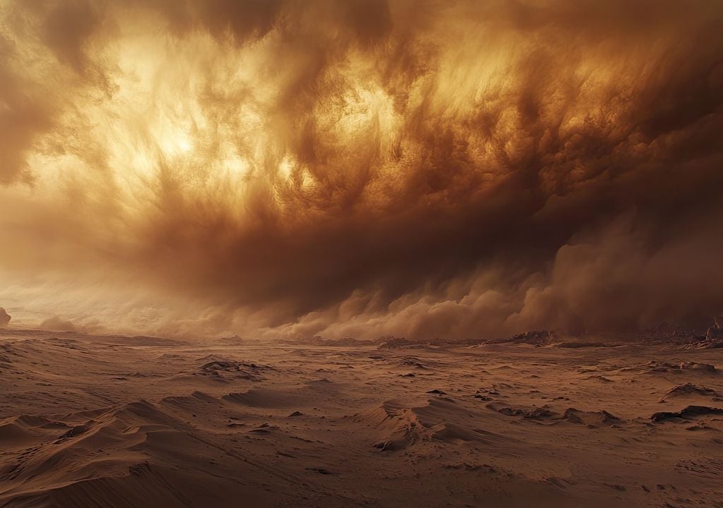 Una tormenta de arena es un fenómeno meteorológico donde vientos intensos levantan grandes cantidades de polvo y arena del suelo, reduciendo la visibilidad.