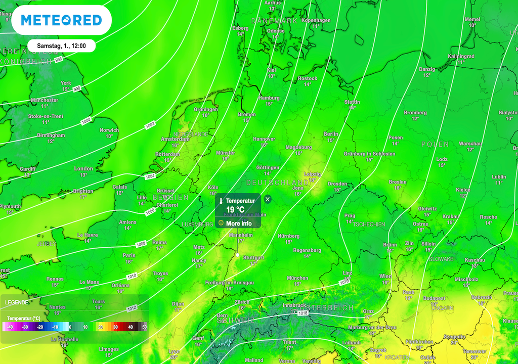 GFS-Wettermodell, 2m Temperaturen, Samstag, Allerheiligen GFS-Wettermodell, 2m Temperaturen, Samstag, Allerheiligen