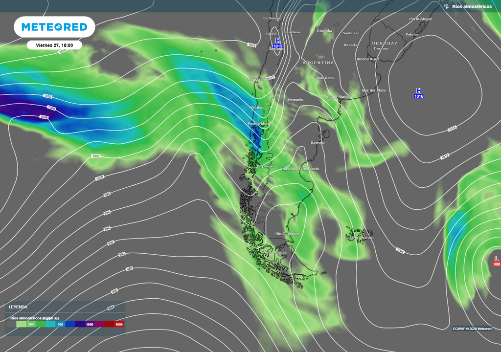 Un río atmosférico débil estará aportando vapor sobre el sur de Chile, durante el paso del sistema frontal por Chile.