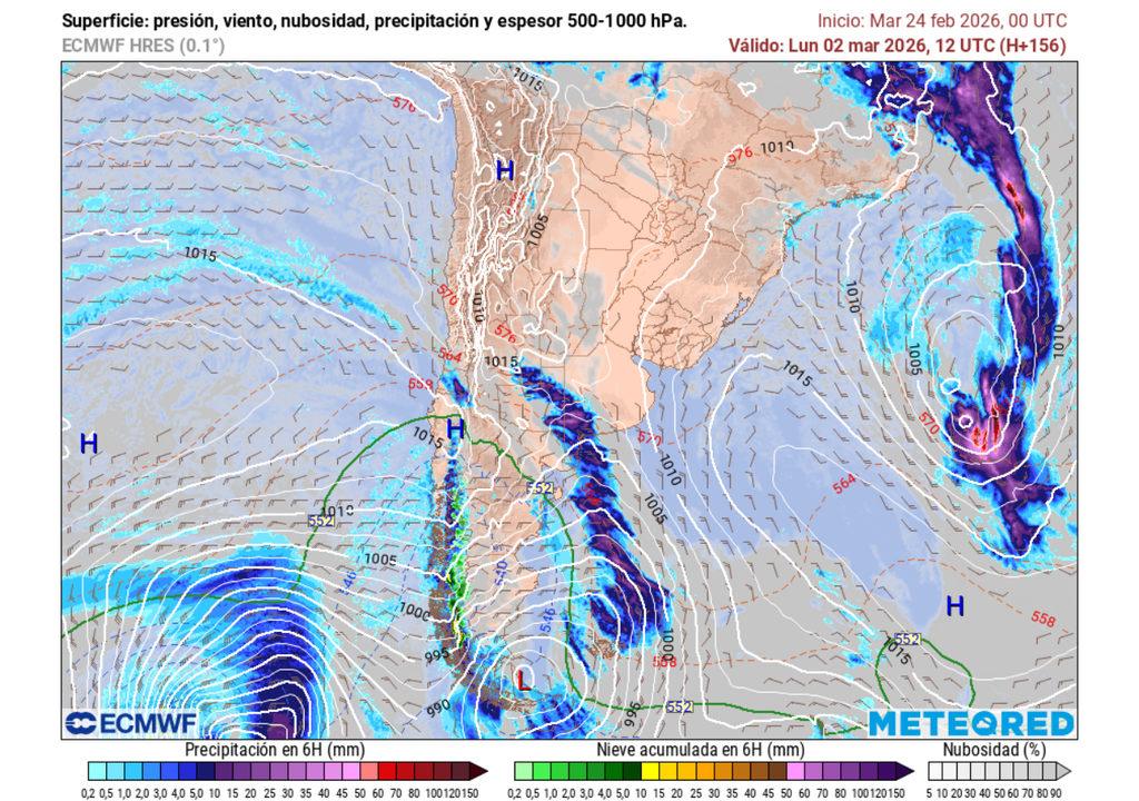 La inestabilidad postfrontal se mantendrá activa durante el día lunes, llevando chubascos hacia la Región del Ñuble y sur del Maule en la madrugada y primeras horas del lunes 02.