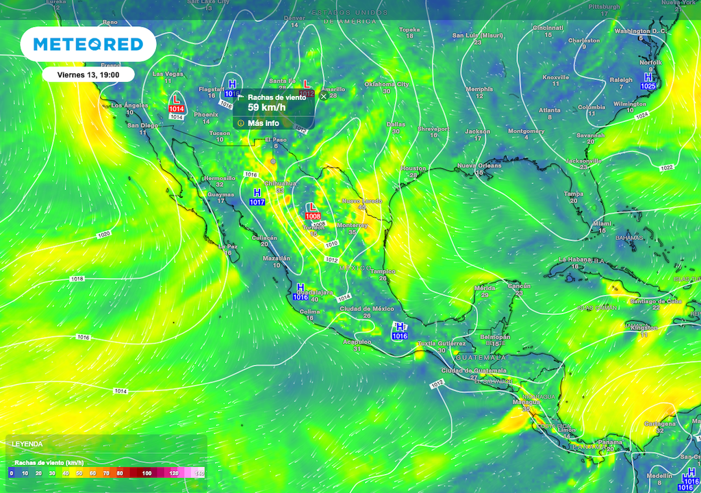 Se prevé viento de hasta 50 km/h con ráfagas de 60 a 70 km/h sobre Sonora, Chihuahua, Durango, Zacatecas, Tamaulipas, Guerrero y Nuevo León.