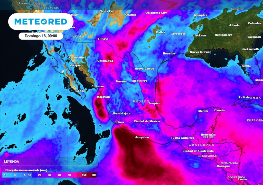 Pronóstico de lluvia acumulada para las próximas 96 horas en México.