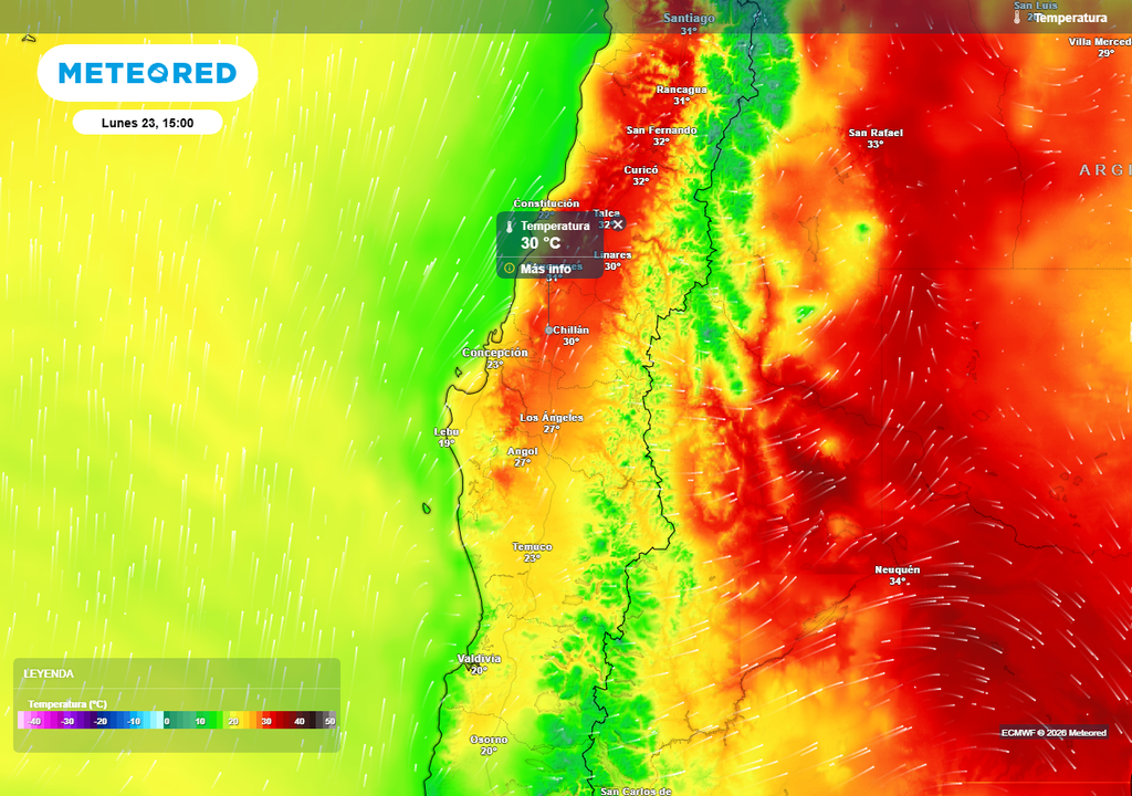Temperatura máxima (°C) para el lunes 23 de febrero 2026 en Chile centro-sur.