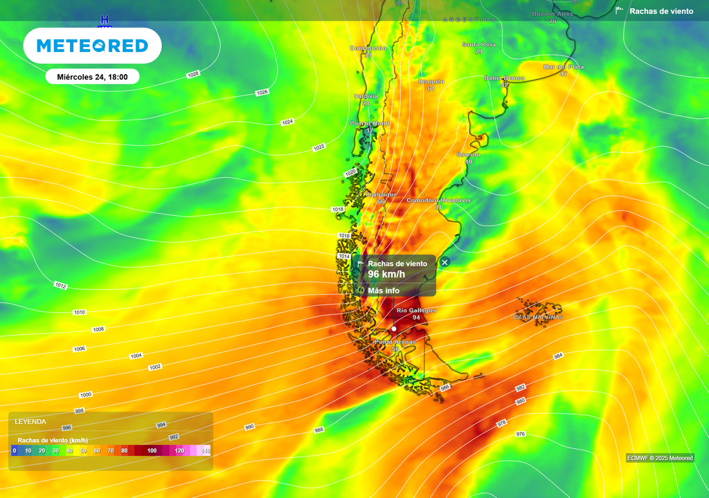 Mapa del modelo ECMWF muestra rachas de viento