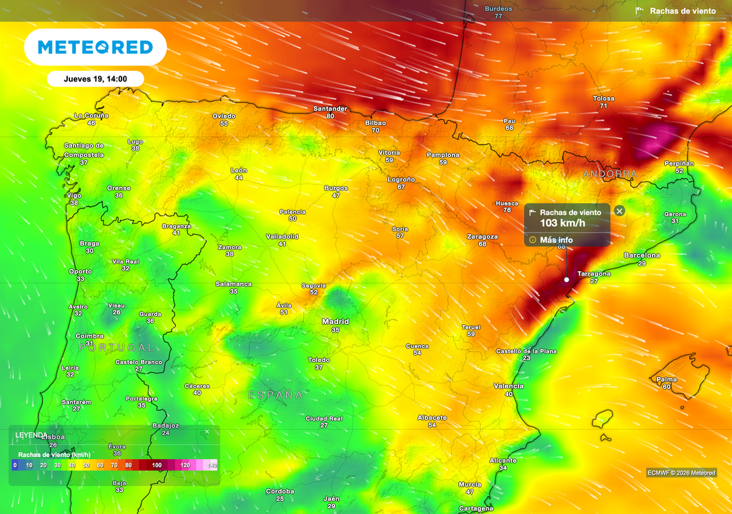 Los vientos más intensos se producirán a orillas del Cantábrico y a sotavento del Sistema Ibérico en el este peninsular. Fuente: modelo europeo.