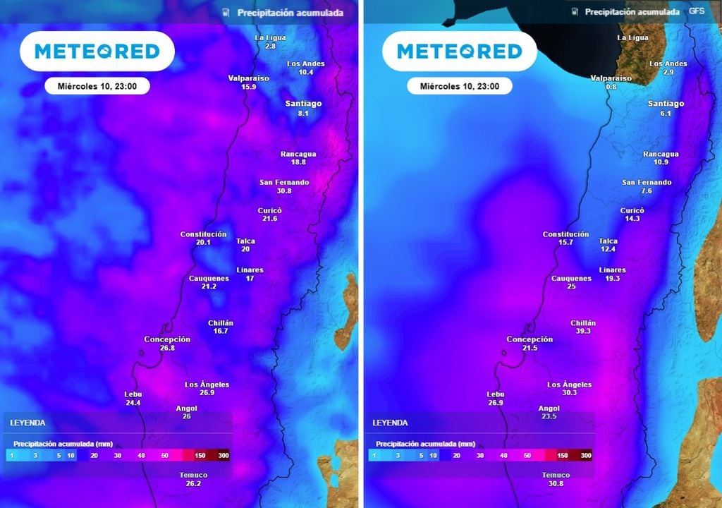 Comparativa de la lluvia acumulada hasta la noche del miércoles: a la izquierda, el modelo ECMWF extiende las precipitaciones más hacia el norte; a la derecha, el GFS concentra los mayores montos en el sur.