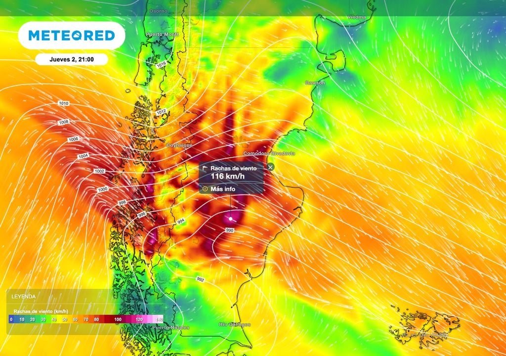 Viento Patagonia Asociado a un fuerte gradiente de presión y al avance de un sistema frontal, durante el jueves algunos sectores del norte de Santa Cruz podrán tener algunas ráfagas incluso por encima de los 115 km/h.