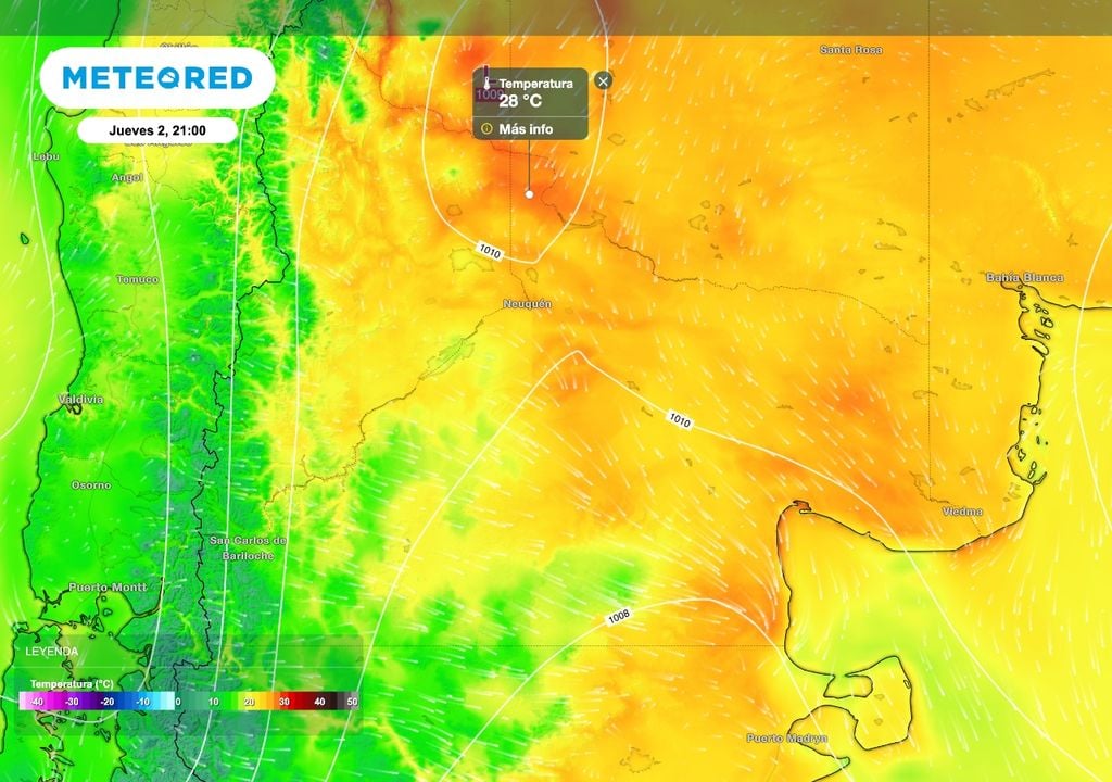 Temperatura Patagonia Durante el jueves 2 de abril y previo al pasaje frontal el norte de la Patagonia alcanzará valores en el entorno de los 28 ºC, como la zona de Catriel en Río Negro.