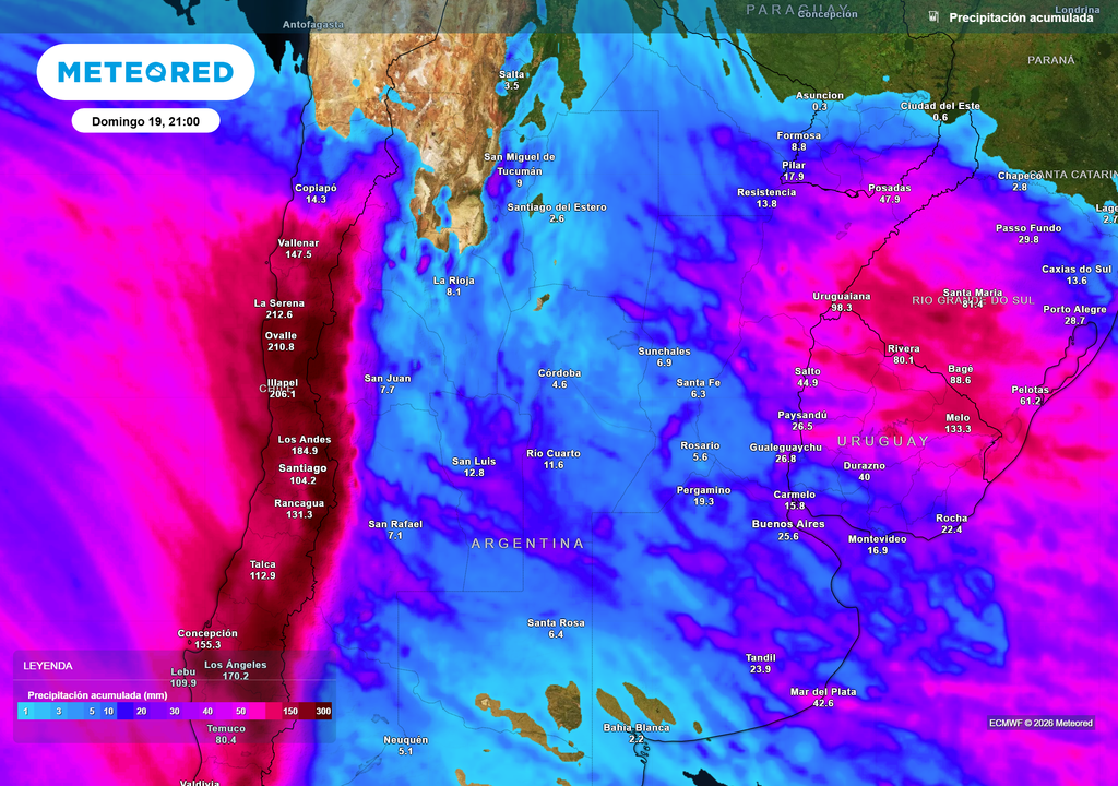 Pronóstico, Clima, Tiempo, Argentina, Viento, Temperatura, Tormentas, Frente Frío, Litoral, Buenos Aires, Nevadas, Cordillera, ECMWF, Humedad, Lluvias, Meteorología Acumulados de lluvia previstos hasta el próximo lunes según nuestro modelo de referencia ECMWF