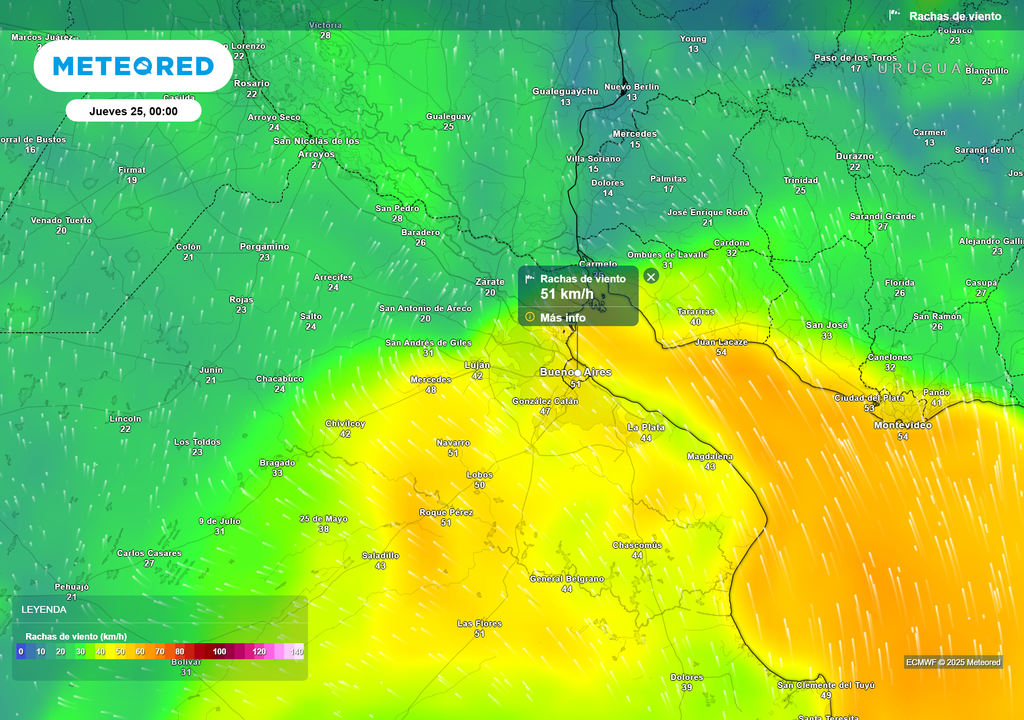 Ráfagas de viento Jueves 25 de diciembre a las 00 h