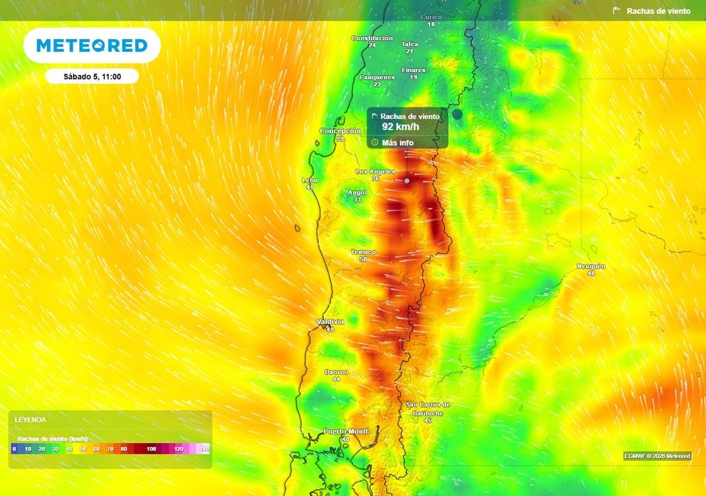 Viento Puelche de 100 km/h azotará a Chile centro-sur Rachas de viento (km/h) para la mañana del sábado (05) en Chile centro-sur.