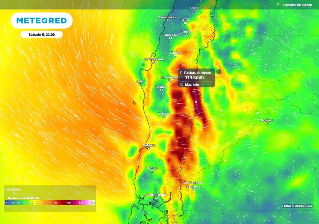 Viento Puelche de 100 km/h azotará a Chile centro-sur Rachas de viento (km/h) para la noche del sábado (05) en Chile centro-sur.
