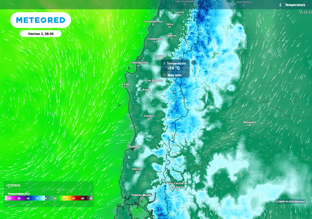 Temperatura mínima (°C) para el viernes (03) en Chile centro-sur.