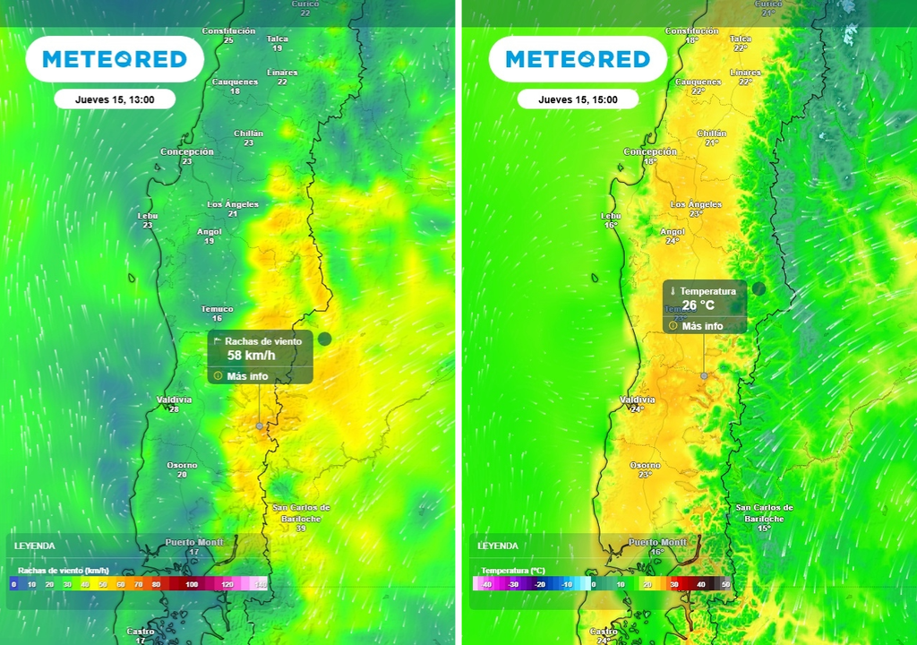 Rachas de viento (km/h) -imagen izquierda- y temperatura máxima (°C) -imagen derecha- para el jueves (15) en Chile centro-sur.